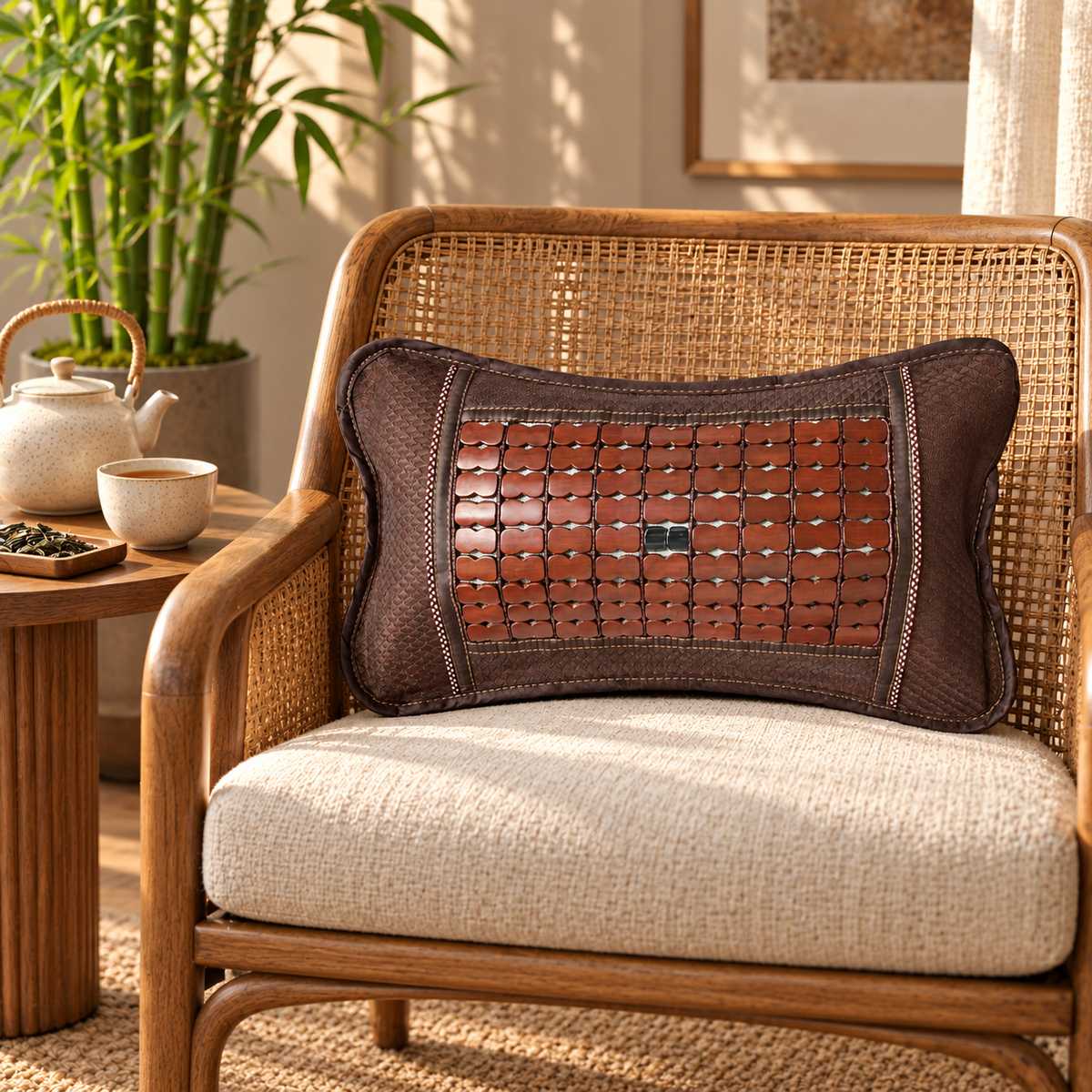 Pernă din bambus cu frunze de ceai – sprijin pentru spate, circulație și relaxare, 46 × 24 × 12 cm