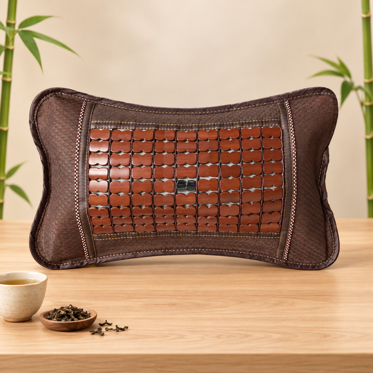 Pernă din bambus cu frunze de ceai – sprijin pentru spate, circulație și relaxare, 46 × 24 × 12 cm
