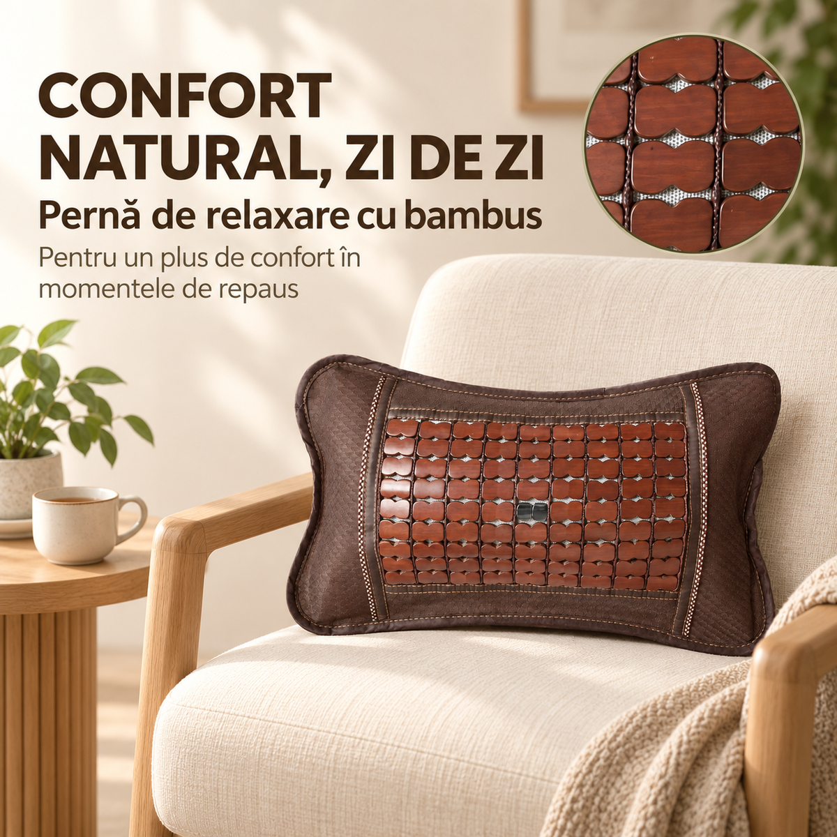 Pernă din bambus cu frunze de ceai – sprijin pentru spate, circulație și relaxare, 46 × 24 × 12 cm
