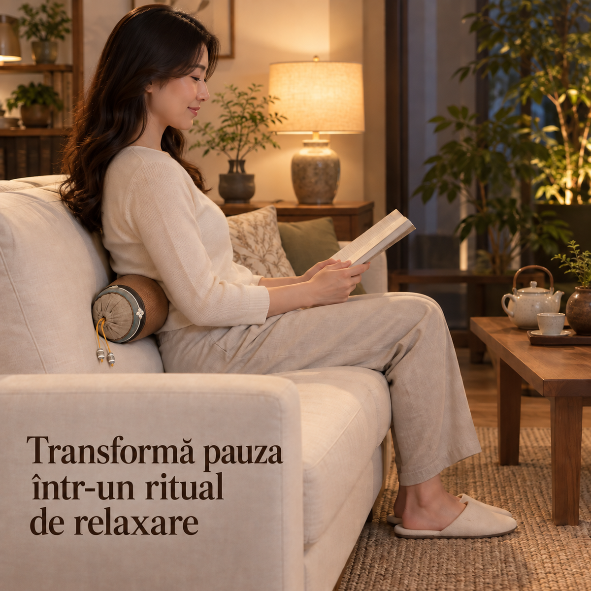 Pernă ortopedică tip rulou cu frunze de ceai – sprijin confortabil pentru spate și ceafă
