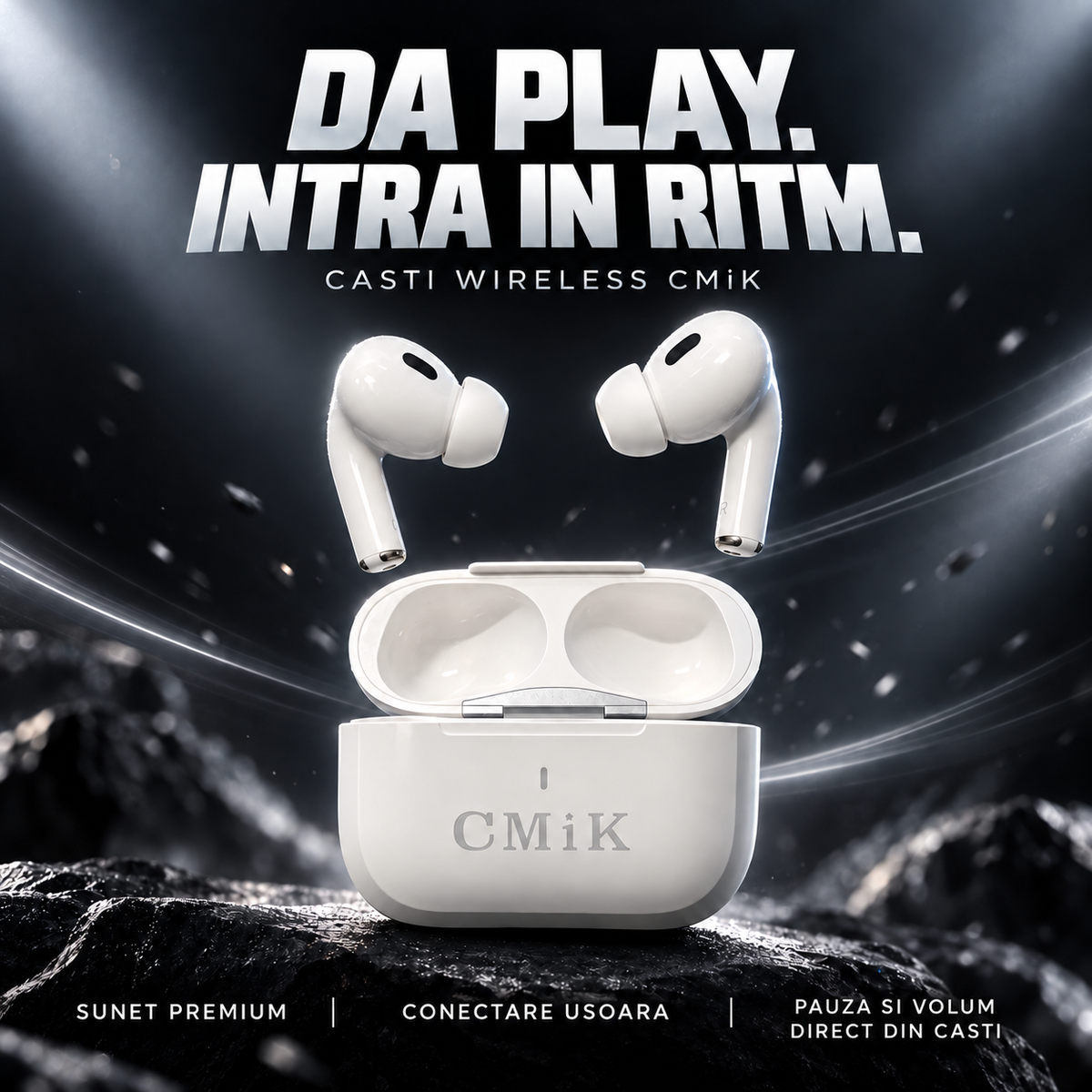 Căști wireless CMiK cu sunet captivant – control tactil și încărcare USB-C