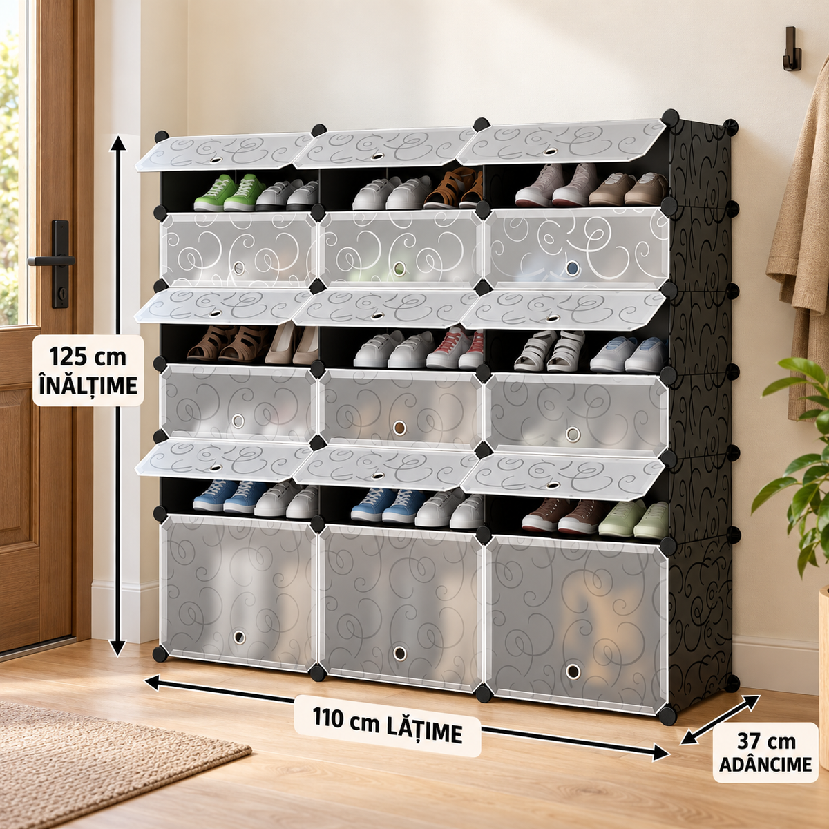 Pantofar modular cu 18 uși – depozitare compactă și organizată, 37 × 110 × 125 cm