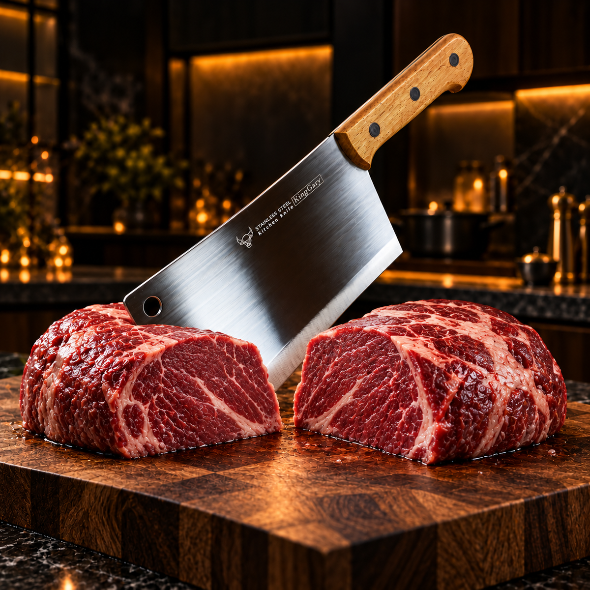 Satâr din oțel inoxidabil cu mâner din lemn – pentru carne și oase, lamă de 9″