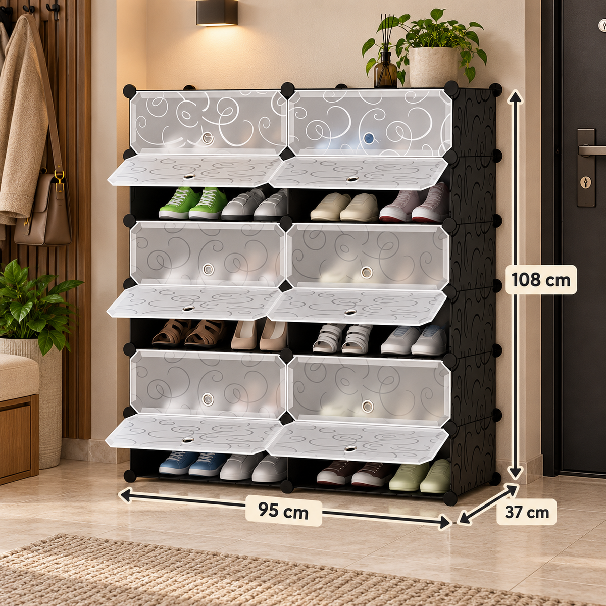 Pantofar modular cu 12 uși – depozitare compactă și flexibilă, 37 × 95 × 108 cm