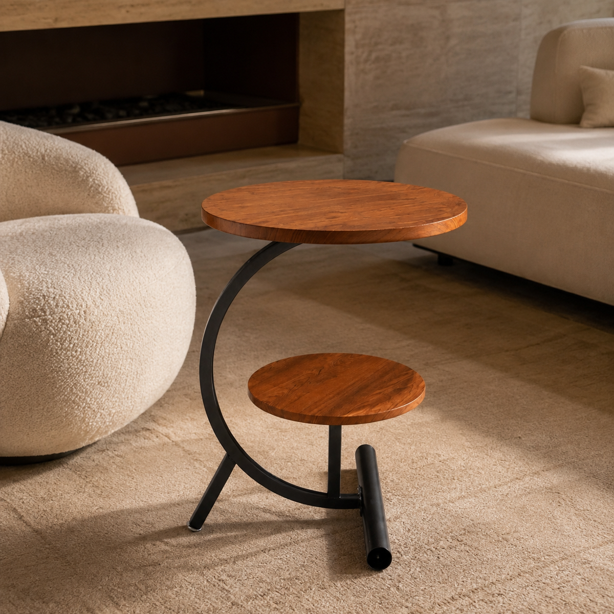 Măsuță de Cafea SmartSpace Duo, Cadru Metalic Negru, 2 Blaturi și Finisaj cu Aspect de Lemn, 40 × 30 × 57 cm