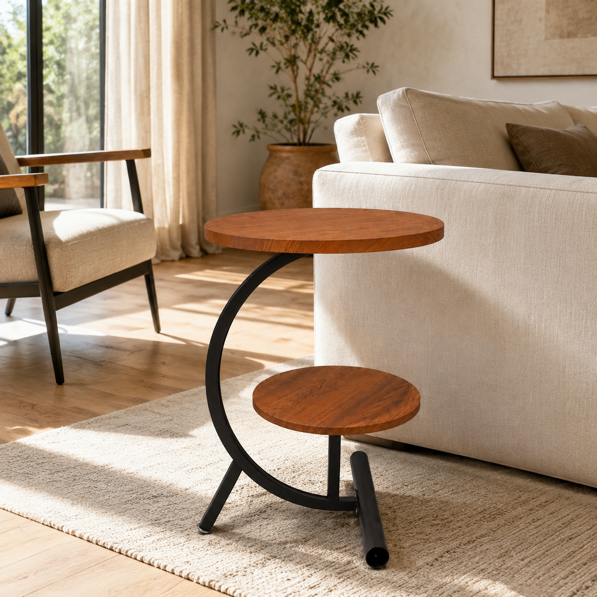 Măsuță de Cafea SmartSpace Duo, Cadru Metalic Negru, 2 Blaturi și Finisaj cu Aspect de Lemn, 40 × 30 × 57 cm