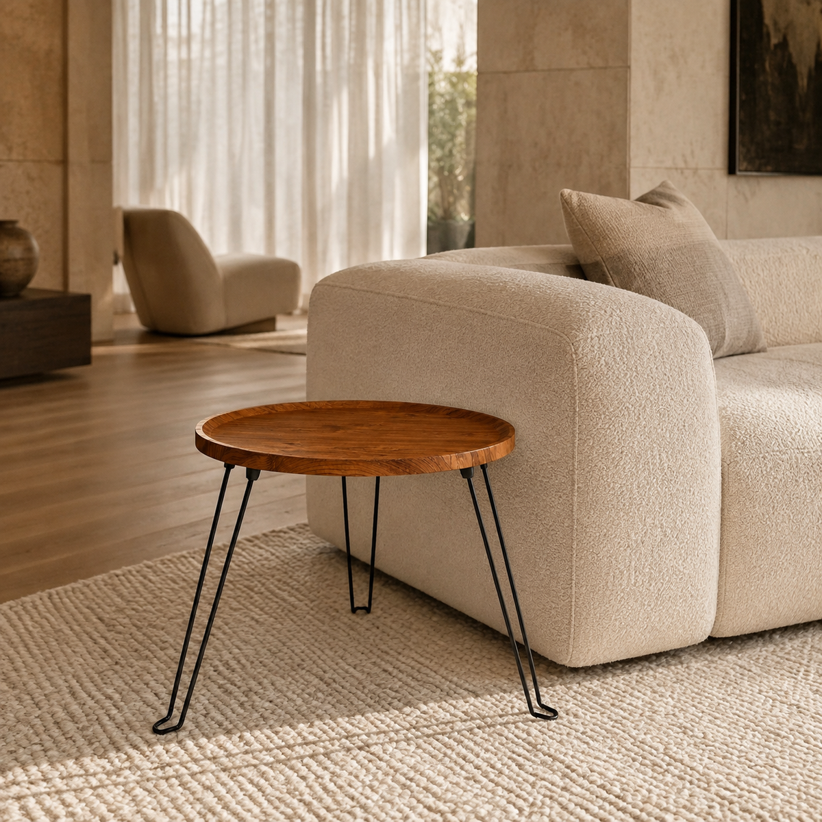 Măsuță de Cafea Rotundă Loft Circle, Blat MDF cu Aspect de Lemn și Picioare Metalice Negre, 50 × 45 cm