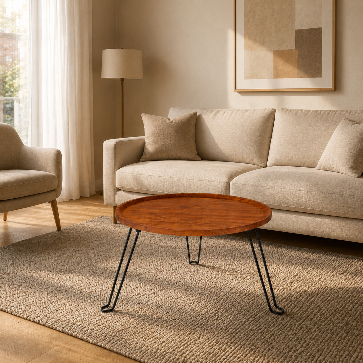 Măsuță de Cafea Rotundă Loft Circle, Blat MDF cu Aspect de Lemn și Picioare Metalice Negre, 50 × 45 cm
