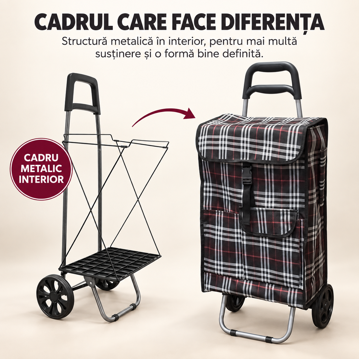 Cărucior XXL de Cumpărături Pliabil, cu Cadru Metalic Interior, Sac Impermeabil și Detașabil, 43 L și 2 Roți