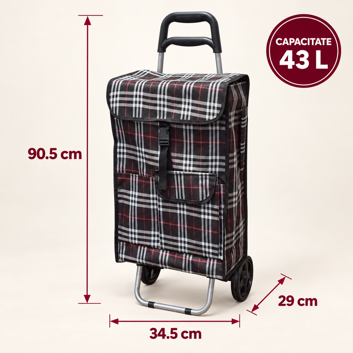 Cărucior XXL de Cumpărături Pliabil, cu Cadru Metalic Interior, Sac Impermeabil și Detașabil, 43 L și 2 Roți