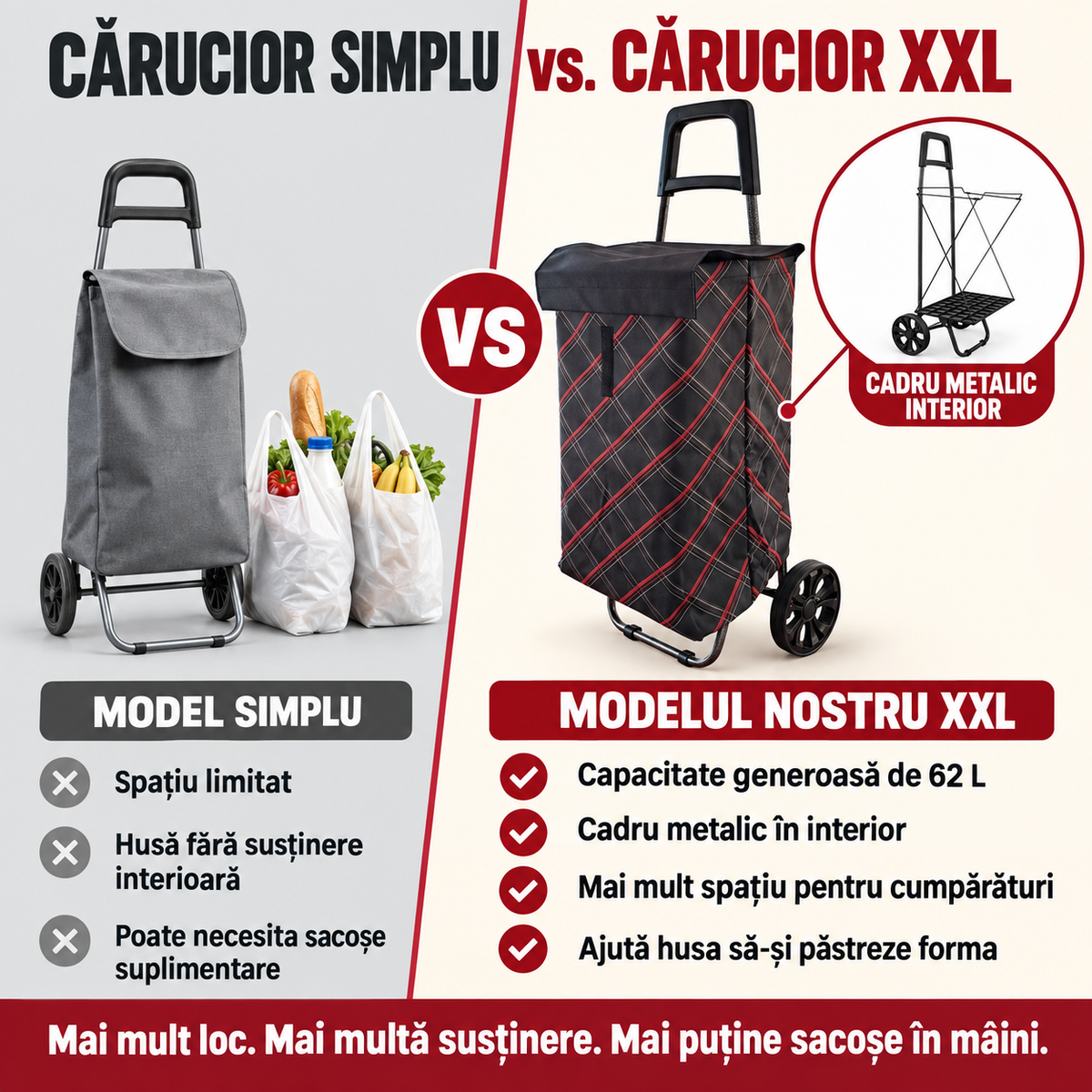 Cărucior de Cumpărături Maxi XXL, Pliabil, cu Cadru Metalic Ramforsat, Sac Impermeabil Detașabil, 62 L și 2 Roți