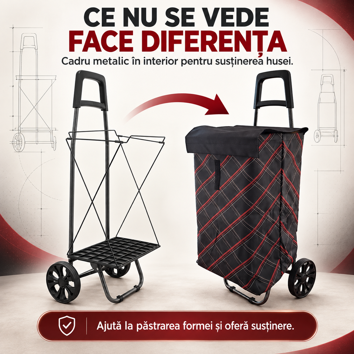 Cărucior de Cumpărături Maxi XXL, Pliabil, cu Cadru Metalic Ramforsat, Sac Impermeabil Detașabil, 62 L și 2 Roți