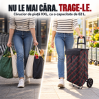 Cărucior de Cumpărături Maxi XXL, Pliabil, cu Cadru Metalic Ramforsat, Sac Impermeabil Detașabil, 62 L și 2 Roți