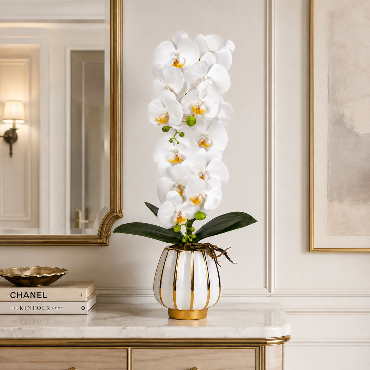 Orhidee Artificială Decorativă în Ghiveci Ceramic Premium – Rafinament Floral și Aspect Natural pentru Orice Interior, 79cm