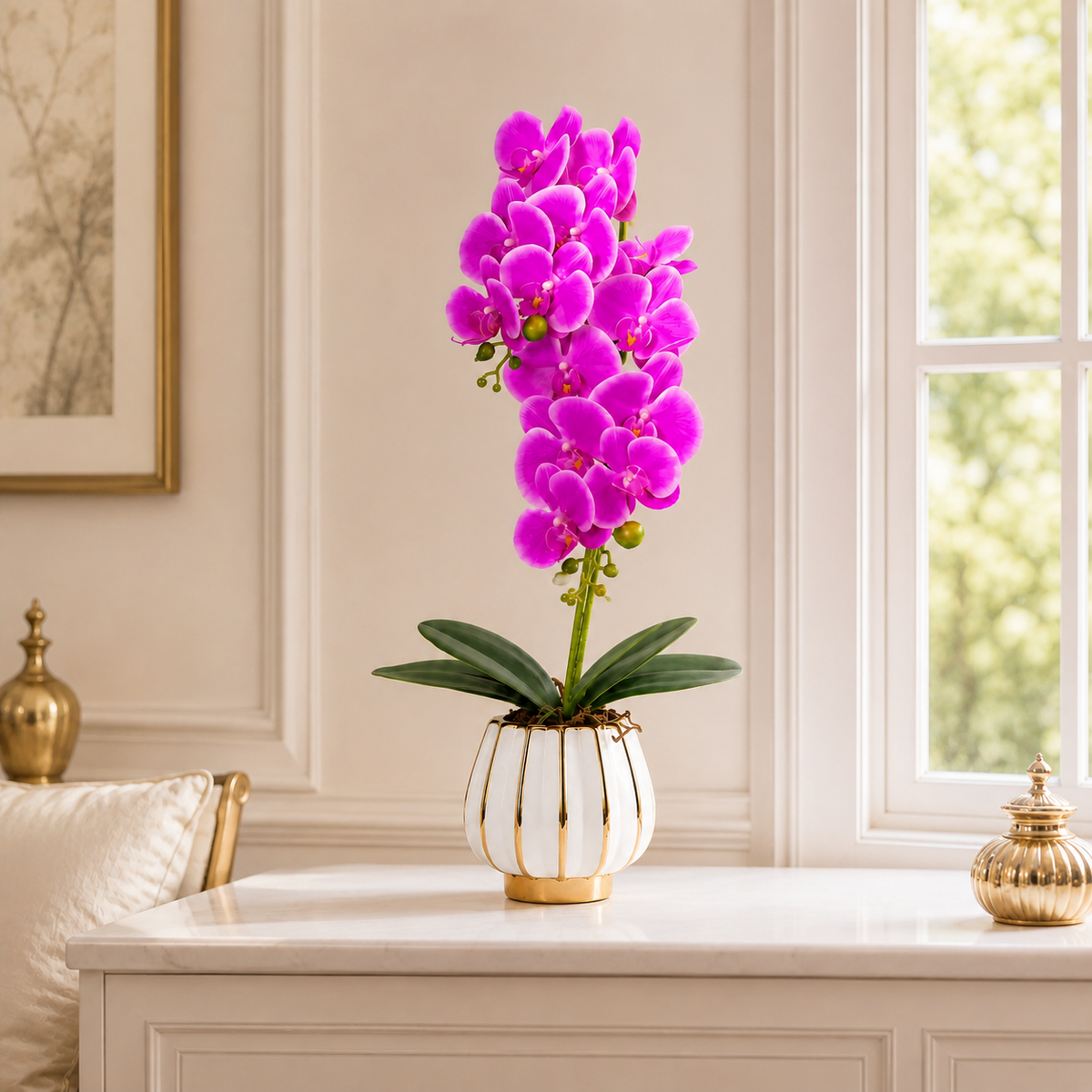 Orhidee Artificială Decorativă în Ghiveci Ceramic Premium – Rafinament Floral și Aspect Natural pentru Orice Interior, 79cm
