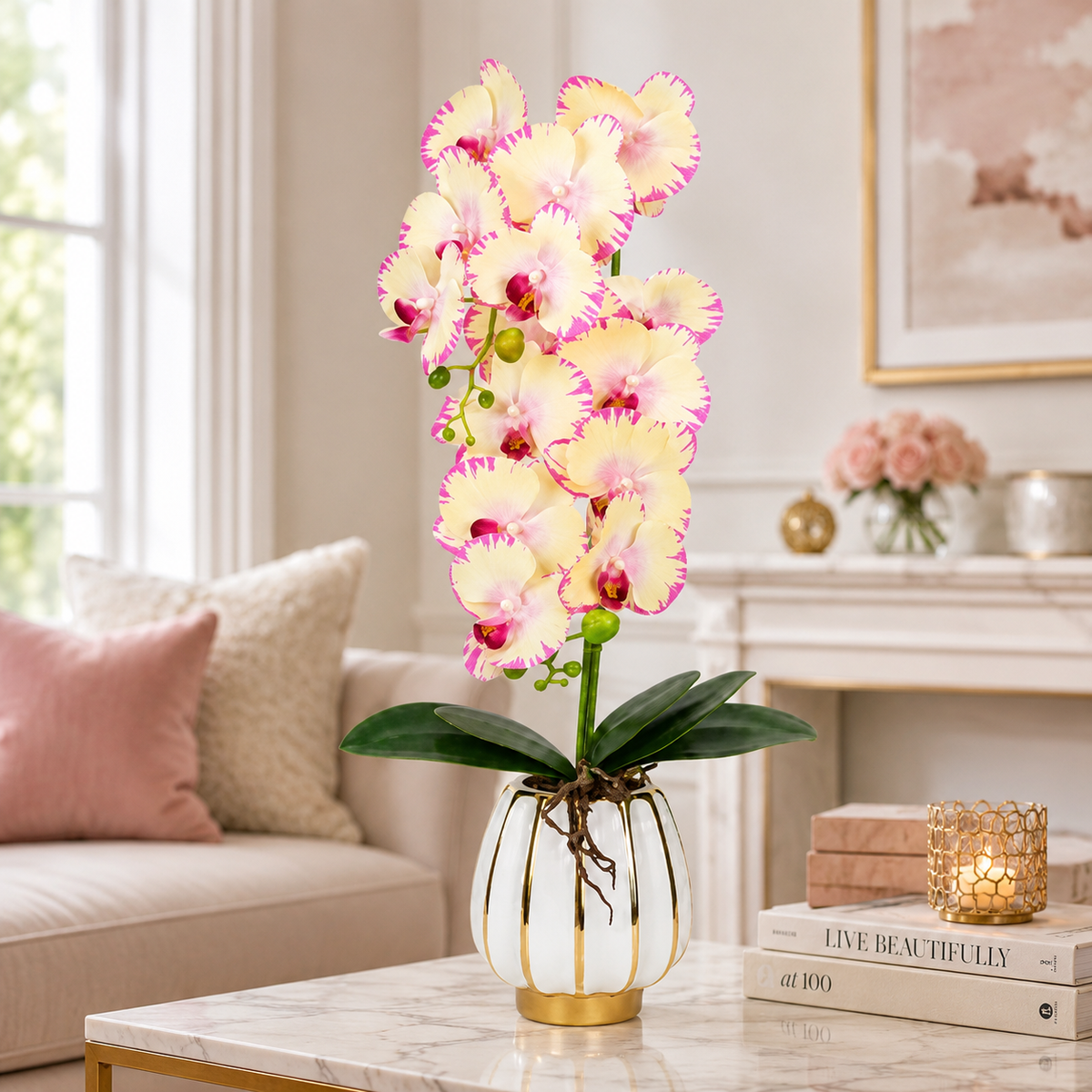 Orhidee Artificială Decorativă în Ghiveci Ceramic Premium – Rafinament Floral și Aspect Natural pentru Orice Interior, 79cm