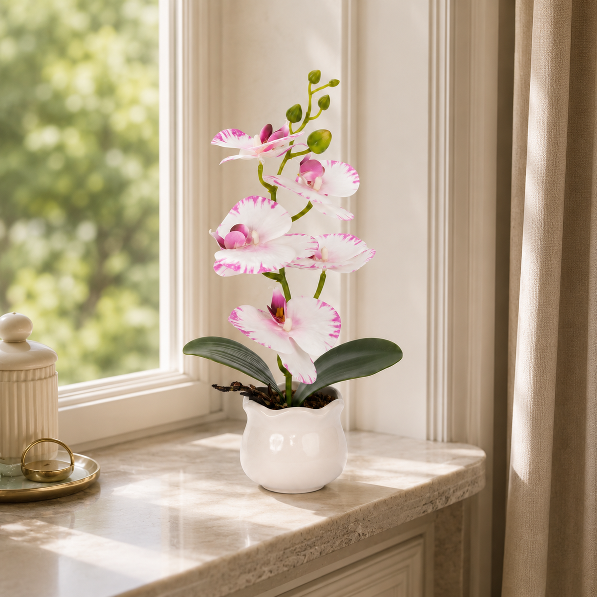 Orhidee Artificială Decorativă în Ghiveci Ceramic – Eleganță Florală pentru Casă și Birou, 39cm