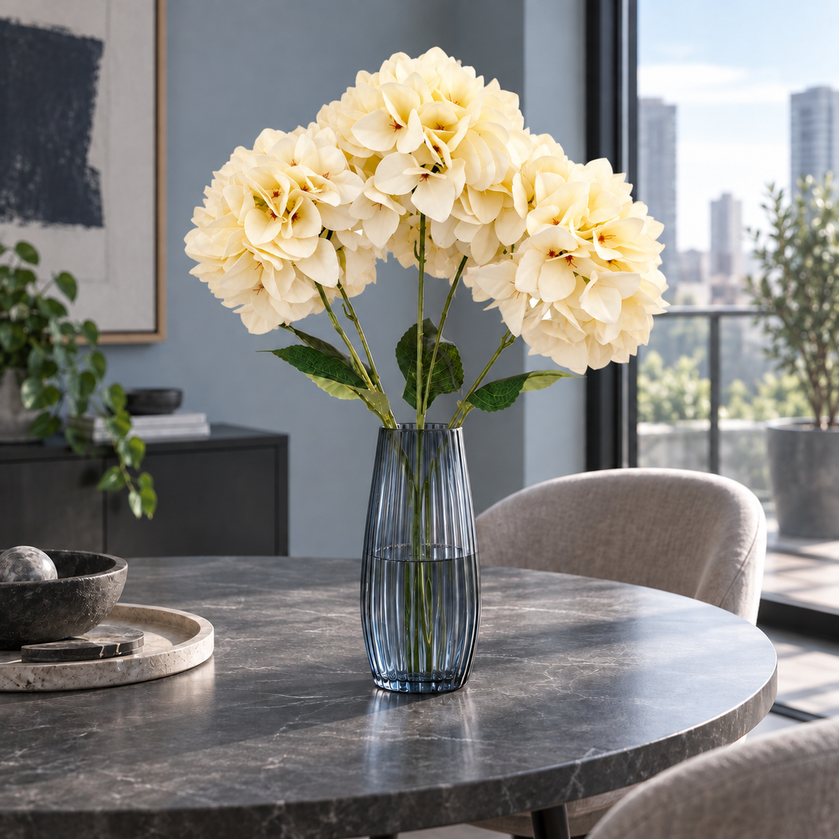 Buchet Decorativ de Hortensii Artificiale cu 5 Capete – 50 cm, Disponibil în 3 Culori (fără vaza/ghiveci)