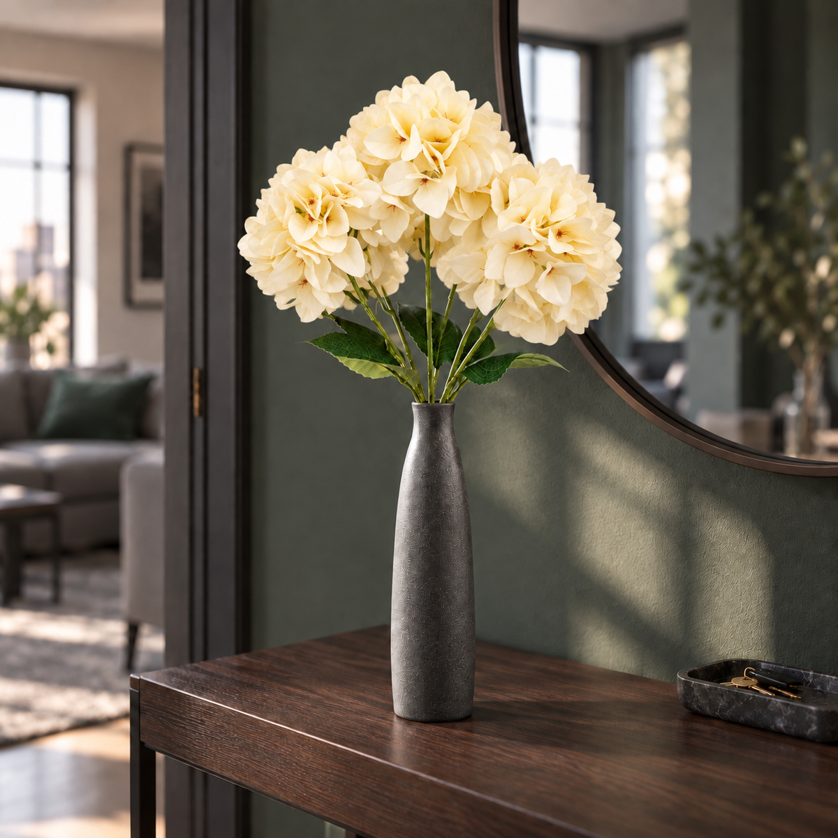 Buchet Decorativ de Hortensii Artificiale cu 5 Capete – 50 cm, Disponibil în 3 Culori (fără vaza/ghiveci)