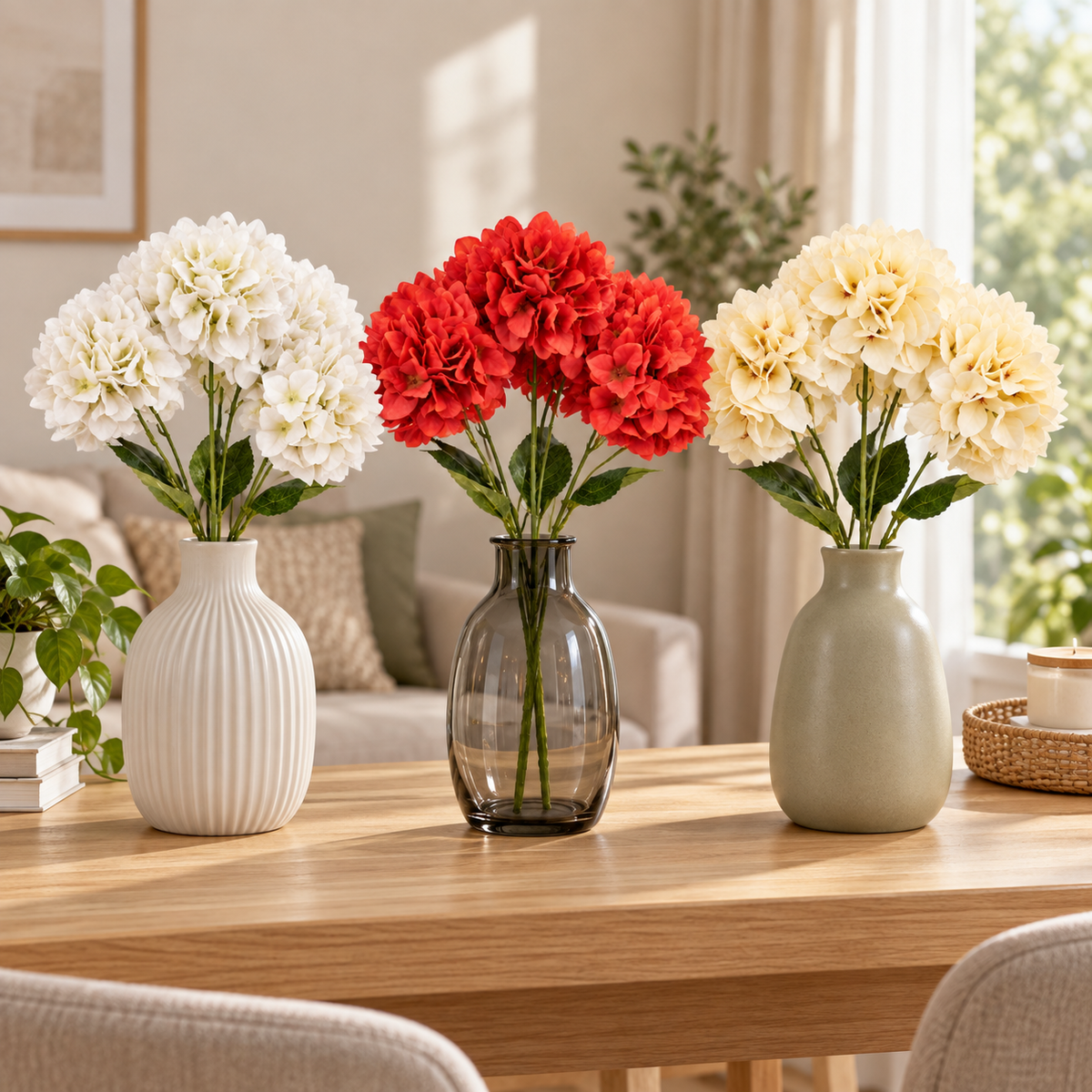 Buchet Decorativ de Hortensii Artificiale cu 5 Capete – 50 cm, Disponibil în 3 Culori (fără vaza/ghiveci)