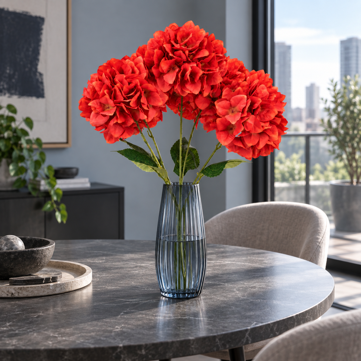 Buchet Decorativ de Hortensii Artificiale cu 5 Capete – 50 cm, Disponibil în 3 Culori (fără vaza/ghiveci)