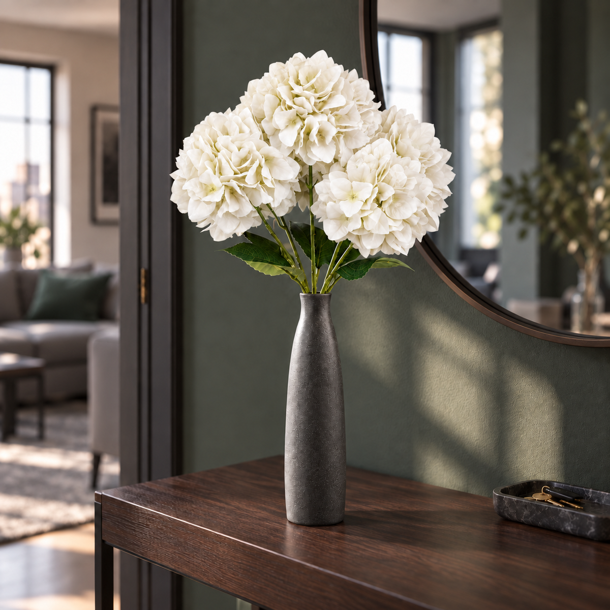 Buchet Decorativ de Hortensii Artificiale cu 5 Capete – 50 cm, Disponibil în 3 Culori (fără vaza/ghiveci)