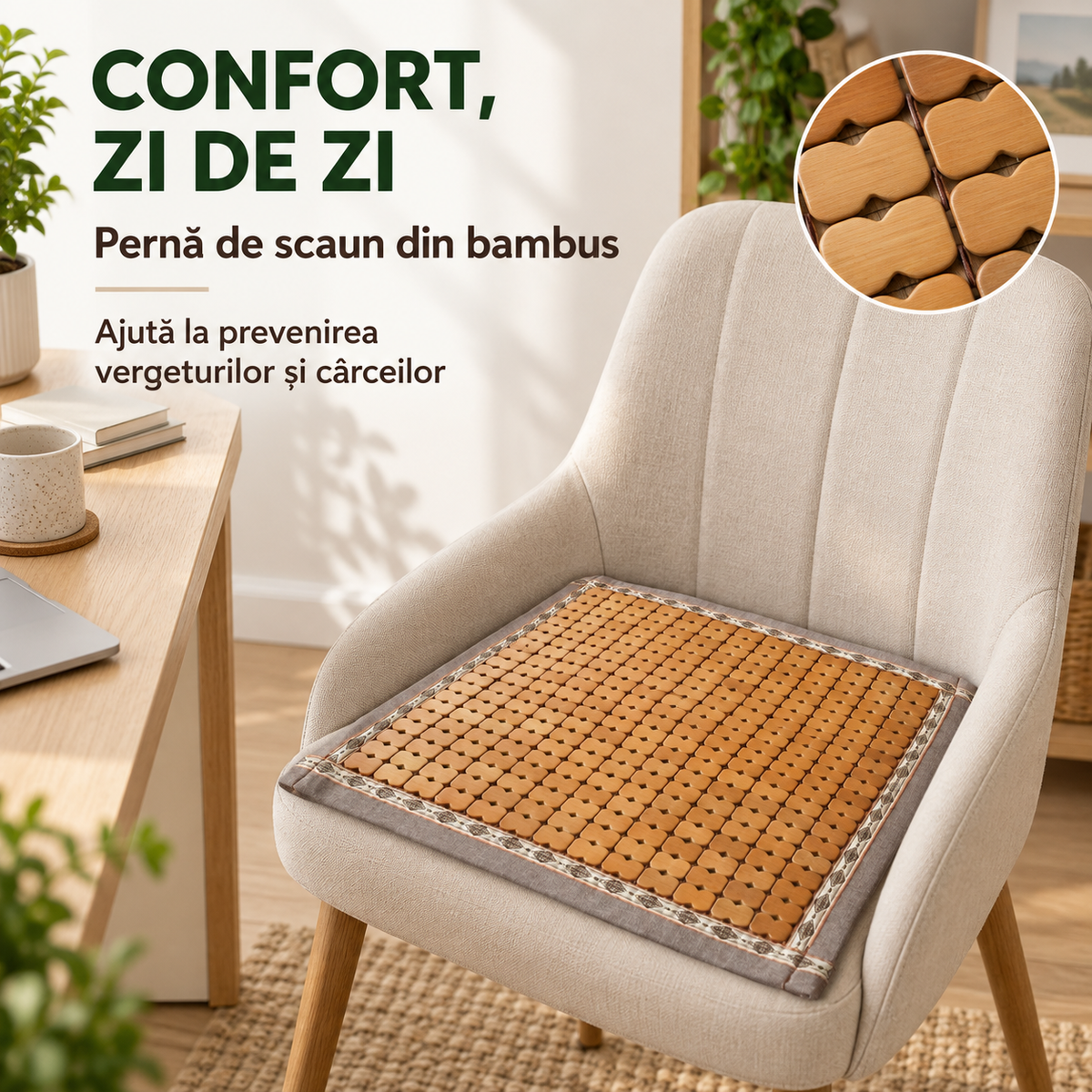 Pernă pentru scaun din bambus, confort și susținere pentru bucătărie, birou sau mașină, 43 × 43 cm, maro