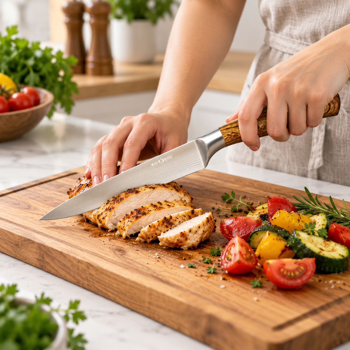 Pachet Cuțit și Satâr KitchenDuo, 2 Piese cu Lame din Inox, pentru Tăiere, Feliere și Porționare – 2 Variante