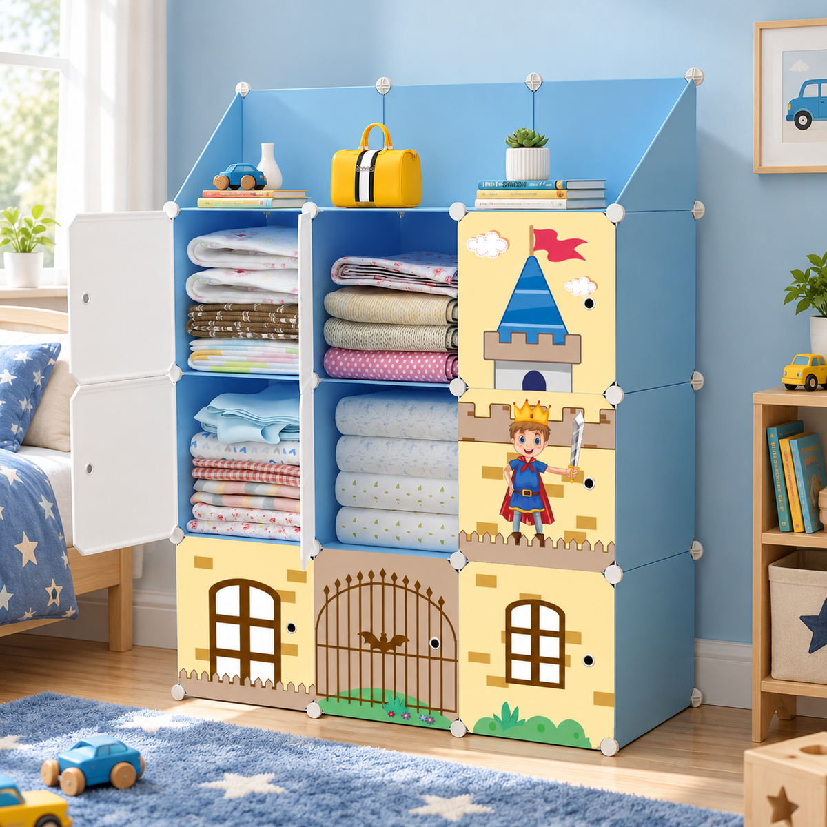 Dulap Modular pentru Copii MagicNest, cu 9 Uși și Imprimeuri Colorate, pentru Haine, Lenjerii, Jucării și Cărți – 4 Variante