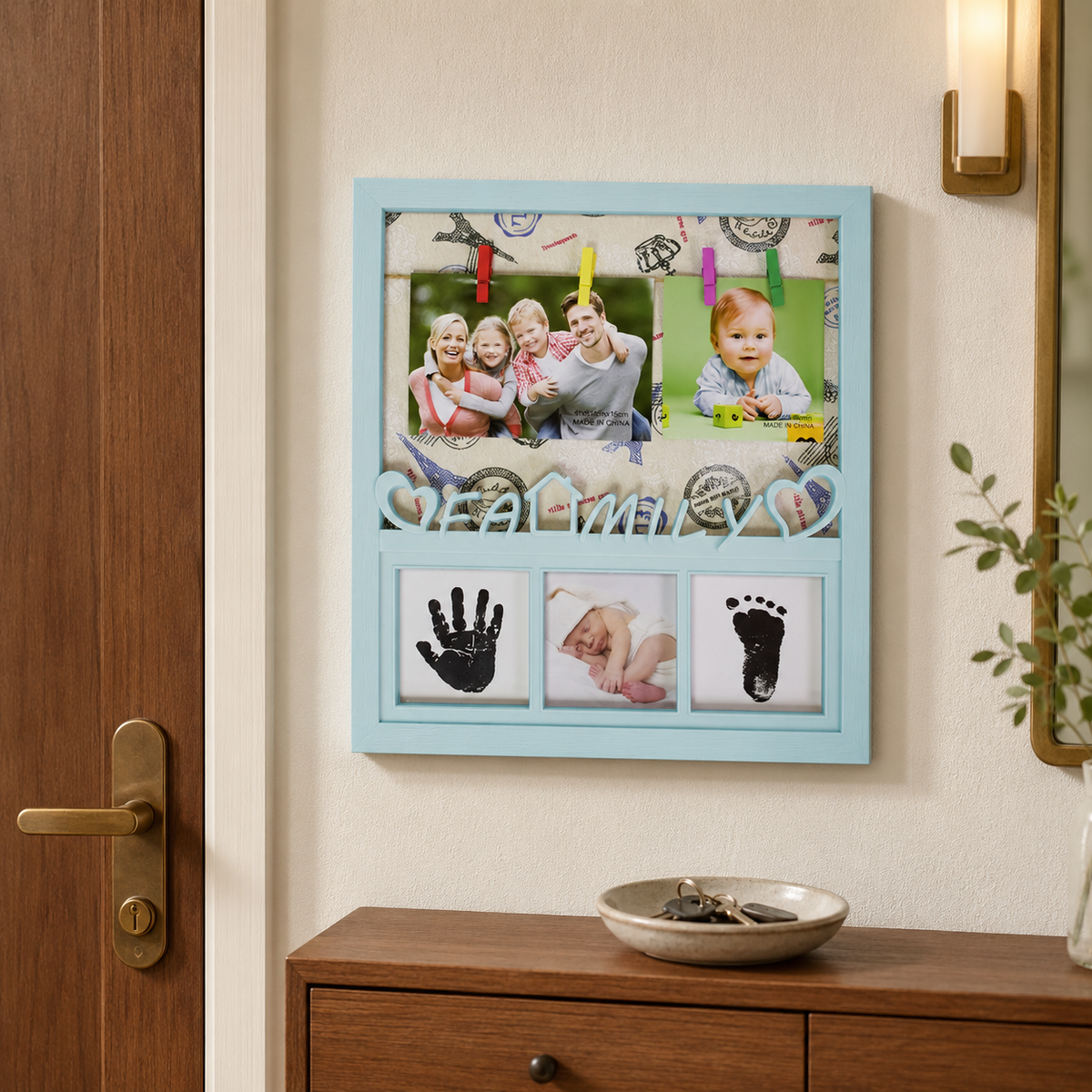 Ramă Foto „Amintiri de-o Viață” – cu 5 Fotografii și Kit Amprente Bebeluș, 35 × 32 cm