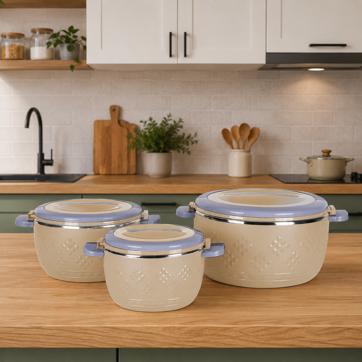 ThermoGrip Inox - SET 3 Caserole termice premium cu interior din Inox și Izolație din Spumă, Până la 4h Cald / 6h Rece - diferite modele