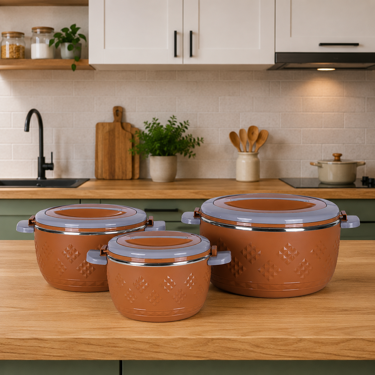 ThermoGrip Inox - SET 3 Caserole termice premium cu interior din Inox și Izolație din Spumă, Până la 4h Cald / 6h Rece - diferite modele