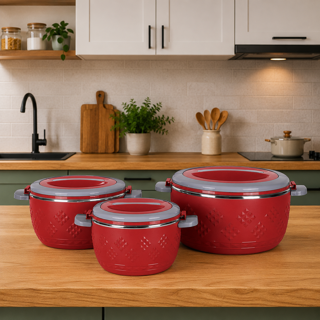 ThermoGrip Inox - SET 3 Caserole termice premium cu interior din Inox și Izolație din Spumă, Până la 4h Cald / 6h Rece - diferite modele