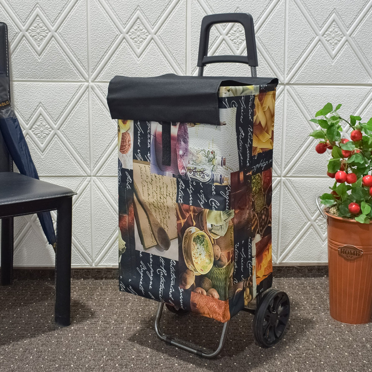 Cărucior de Cumpărături Maxi XXL, Pliabil, cu Cadru Metalic Ramforsat, Sac Impermeabil Detașabil, 62 L și 2 Roți