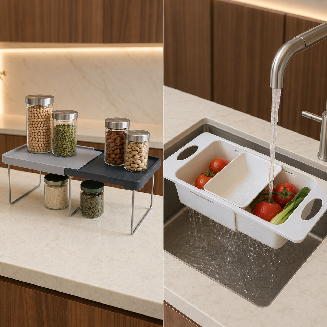 Raft pliabil și strecurătoare extensibilă pentru chiuvetă – Set 2 piese
