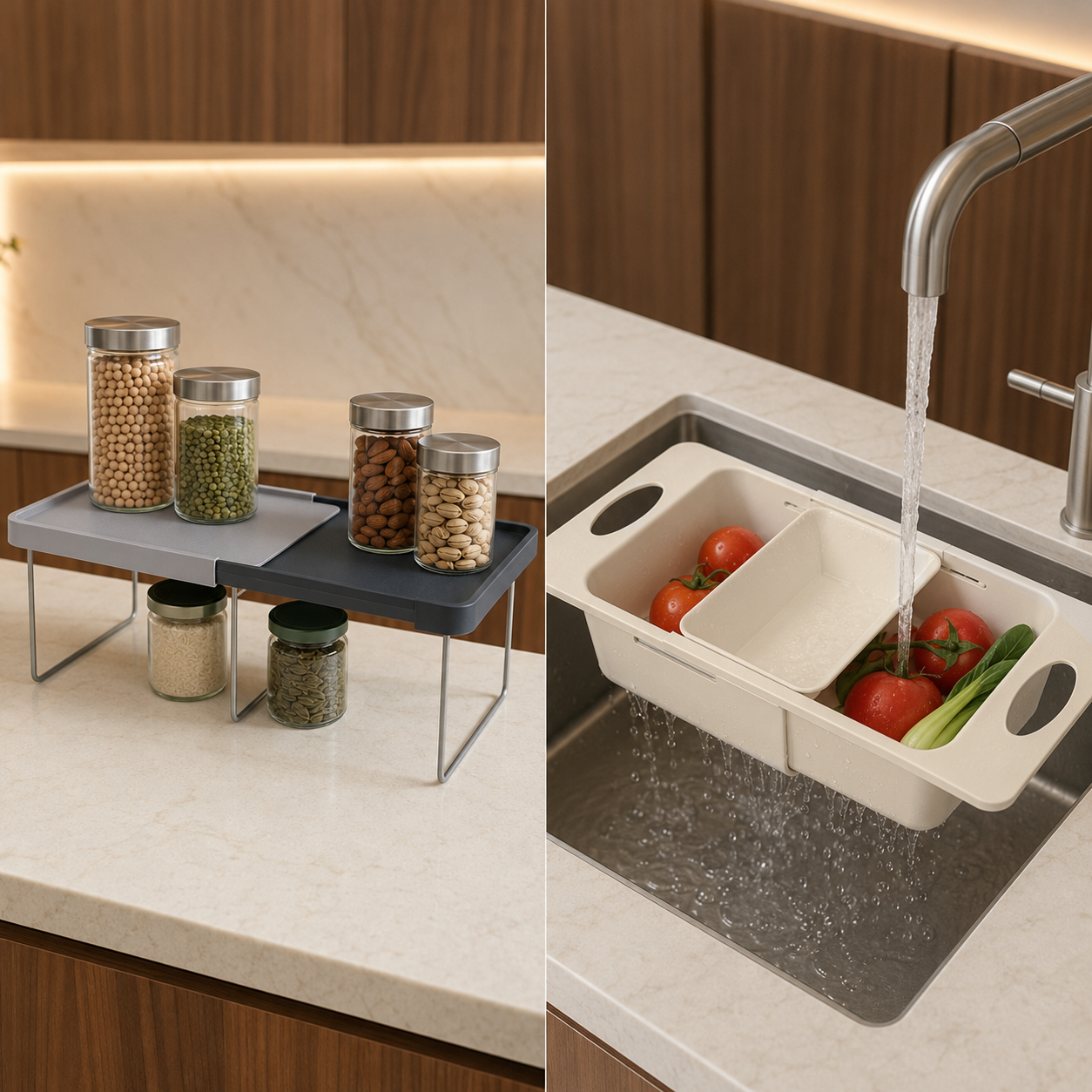 Raft pliabil și strecurătoare extensibilă pentru chiuvetă – Set 2 piese