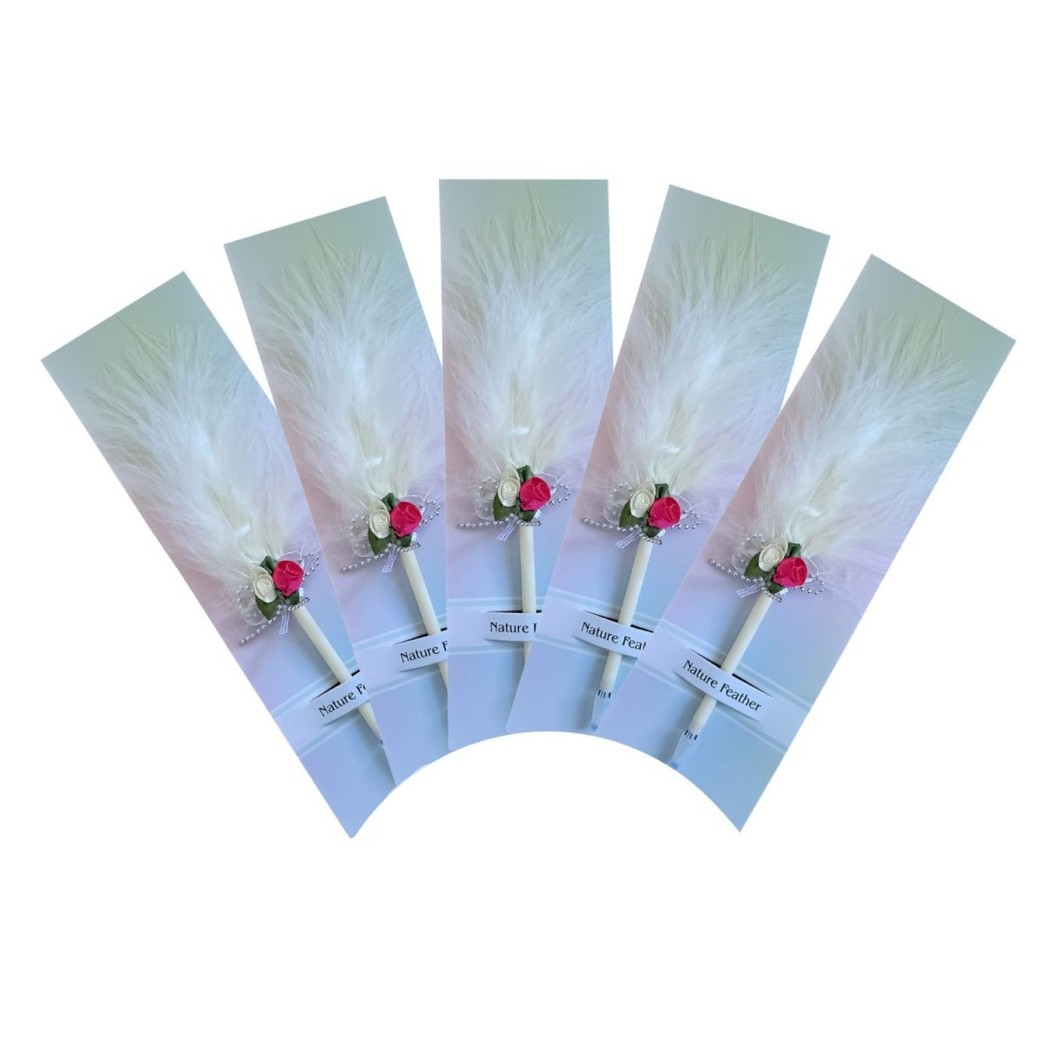🕊️ Mărturii de Nuntă: Set 5 Pixuri Elegante „Feather Writer” cu Pană și Accesoriu Florale