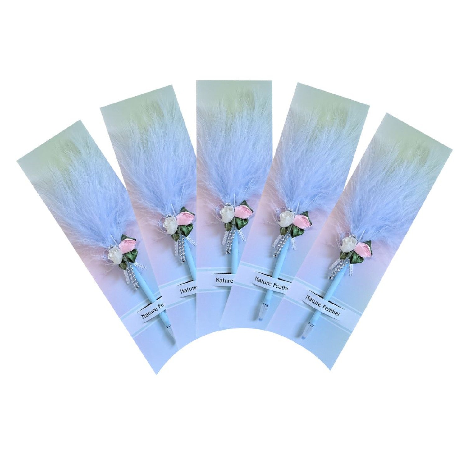 🕊️ Mărturii de Nuntă: Set 5 Pixuri Elegante „Feather Writer” cu Pană și Accesoriu Florale