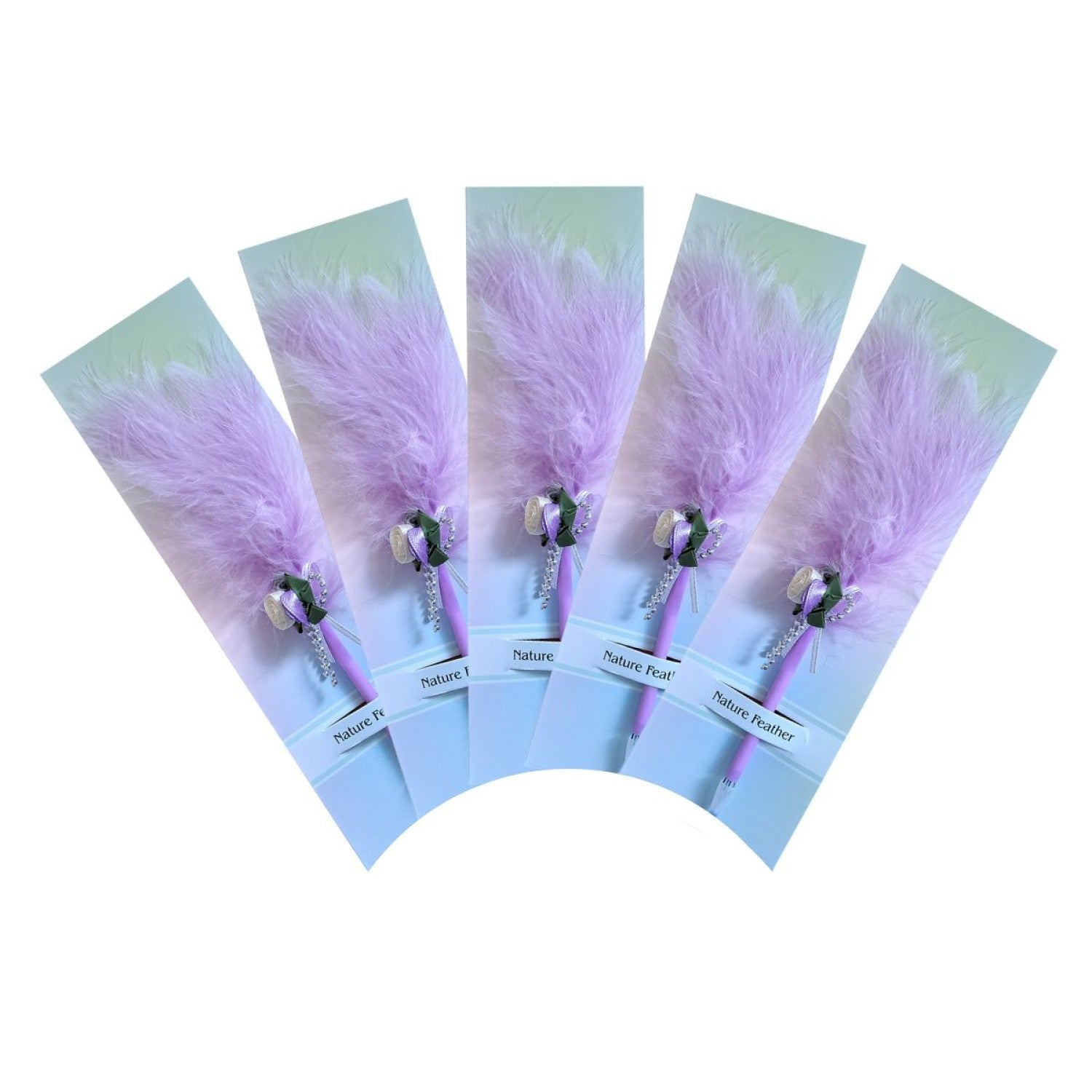 🕊️ Mărturii de Nuntă: Set 5 Pixuri Elegante „Feather Writer” cu Pană și Accesoriu Florale
