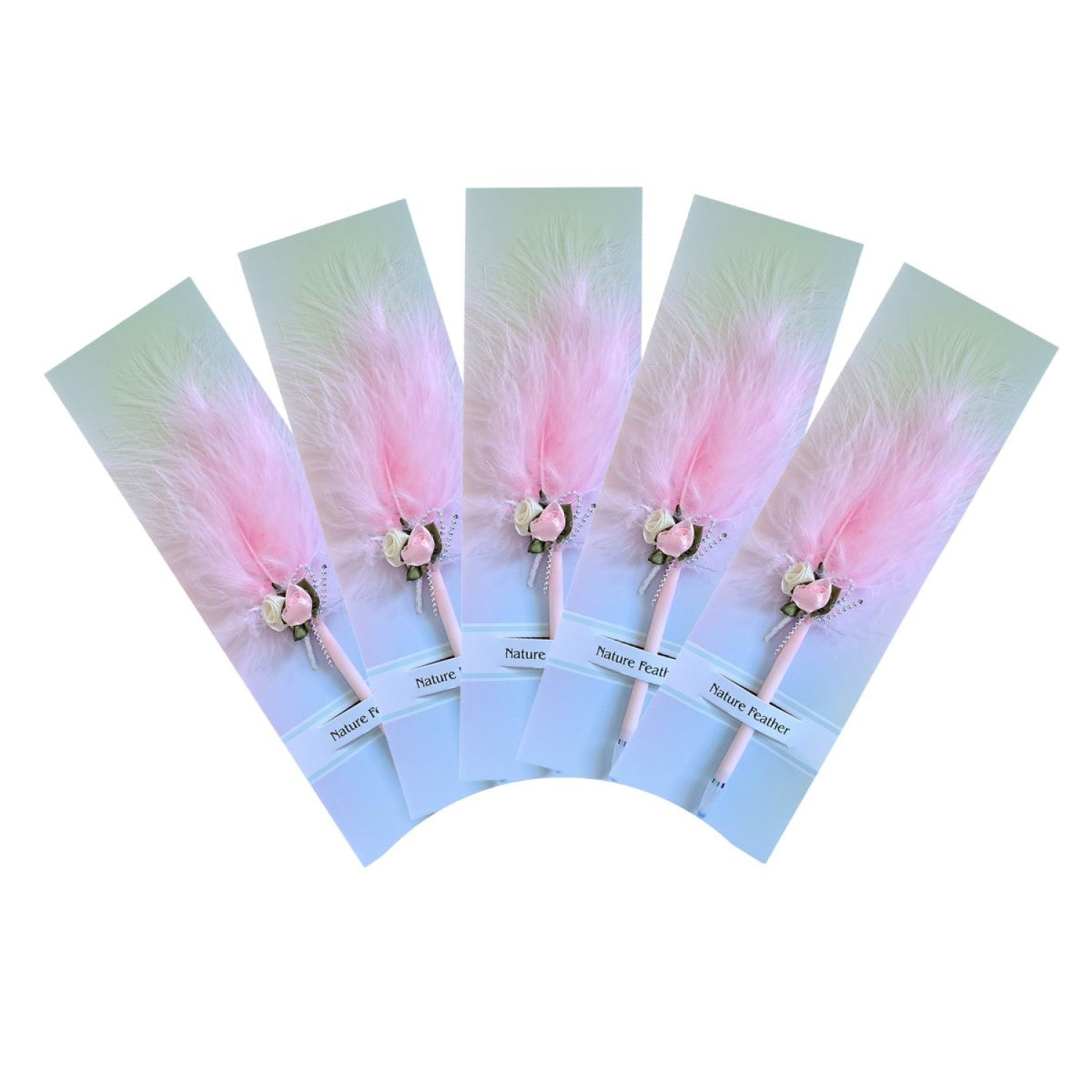 🕊️ Mărturii de Nuntă: Set 5 Pixuri Elegante „Feather Writer” cu Pană și Accesoriu Florale