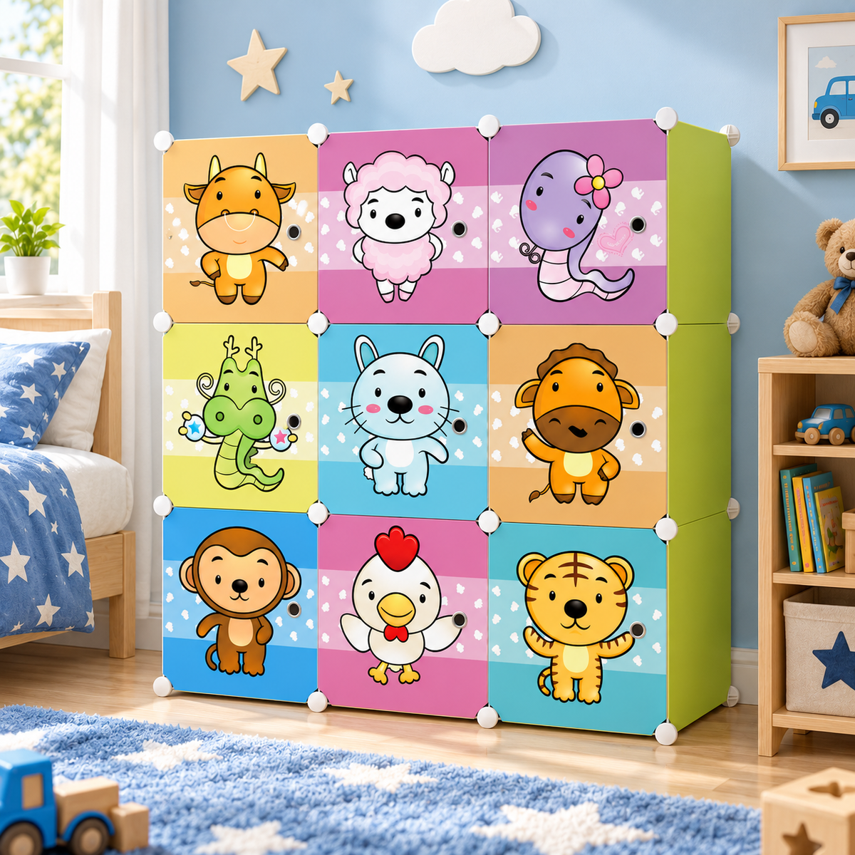 Dulap Modular pentru Copii MagicNest, cu 9 Uși și Imprimeuri Colorate, pentru Haine, Lenjerii, Jucării și Cărți – 4 Variante