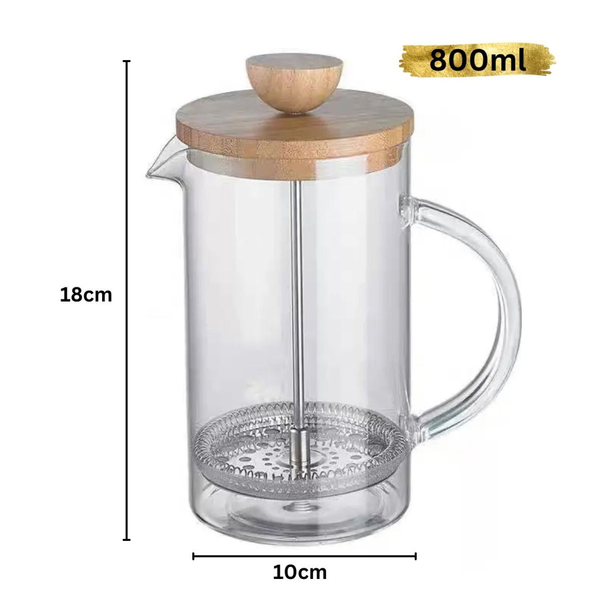 Infuzor multifuncțional French Press din sticlă borosilicată, cu capac din bambus și filtru din inox, 800 ml