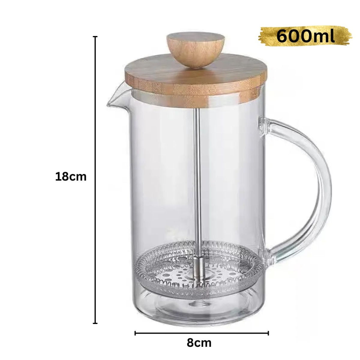 Infuzor multifuncțional French Press din sticlă borosilicată, cu capac din bambus și filtru din inox, 600 ml