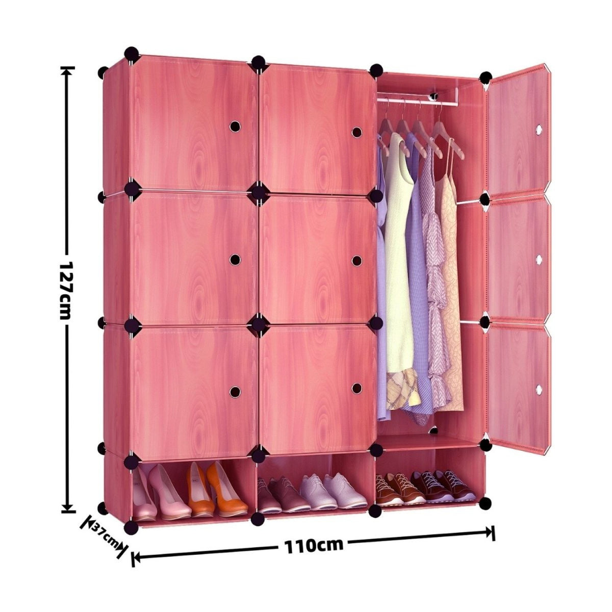 Dulap Modular Urban Loft, 9 Uși, cu Cadru din Oțel și Panouri din Polipropilenă, pentru Haine, Încălțăminte și Accesorii – 127 × 110 × 37 cm