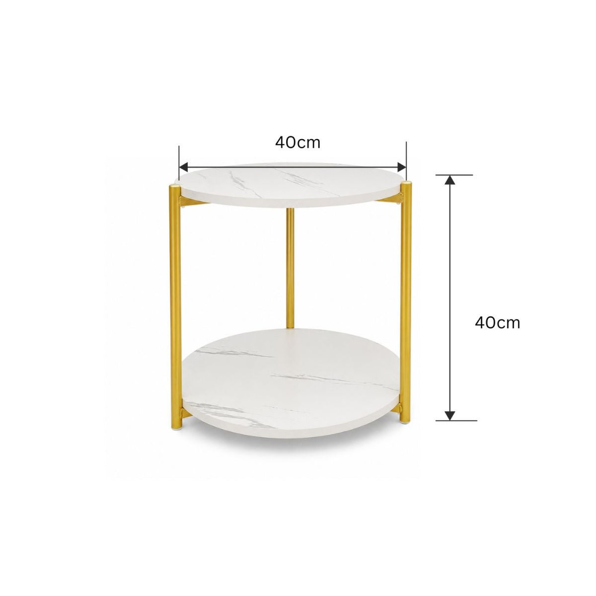 Măsuță de Cafea CozyDuo, Cadru Metalic Auriu și MDF Alb, 2 Blaturi, 40 × 40 cm