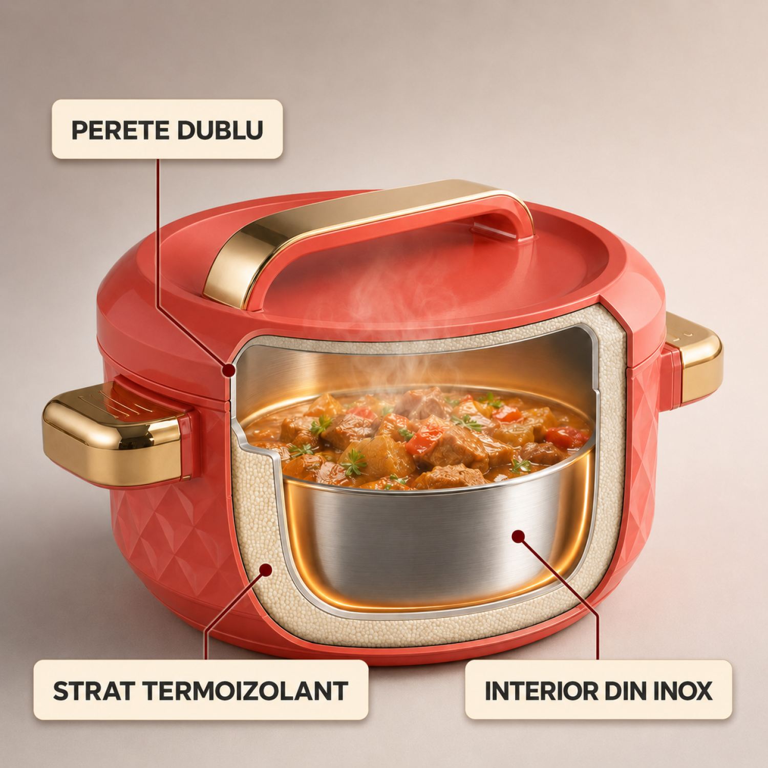 Set 3 Piese Caserole ThermoLux, Interior din Inox, Perete Dublu și Strat Termoizolant, 2L + 5L + 6L