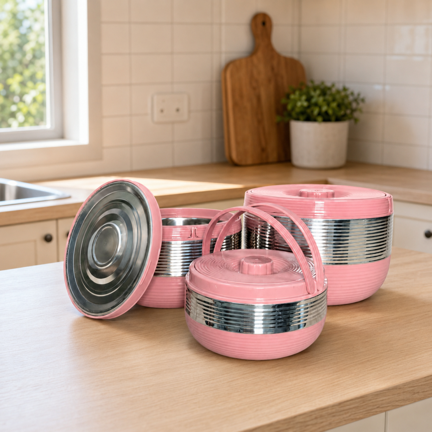 Set 3 Piese Caserole ThermoLux, Interior din Inox, Perete Dublu și Strat Termoizolant, 2L + 5L + 6L