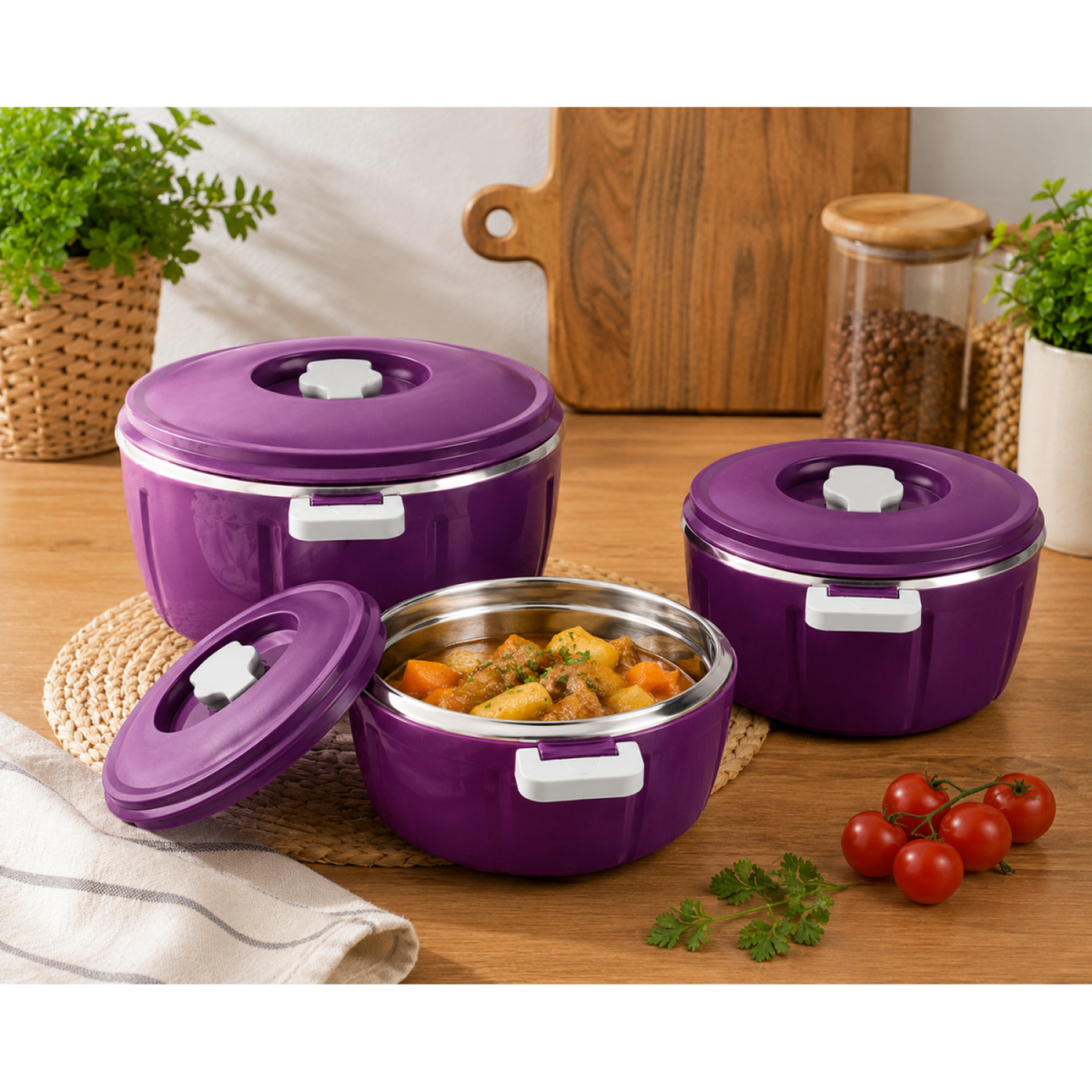ThermoGrip Inox - SET 3 Caserole termice premium cu interior din Inox și Izolație din Spumă, Până la 4h Cald / 6h Rece - diferite modele