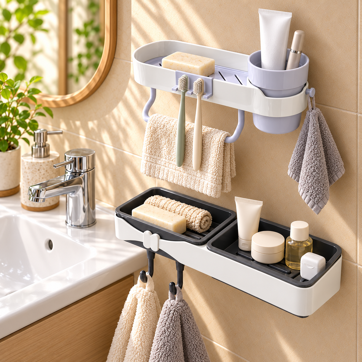 Set 2 Accesorii pentru Baie AquaDuo, pentru Organizare, Depozitare și Prosoape – 4 Variante