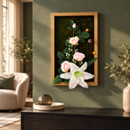 Tablou Floral Decorativ 3D FloraVista, cu Flori Artificiale, Fundal Verde și Ramă de Lemn, pentru Perete, 24 × 40 cm